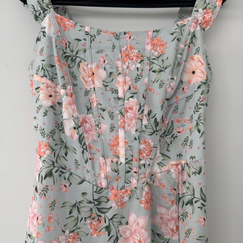 Floral Midi Corset Dress Blue Lace Up Back Cottagecore Wedding Guest Event M